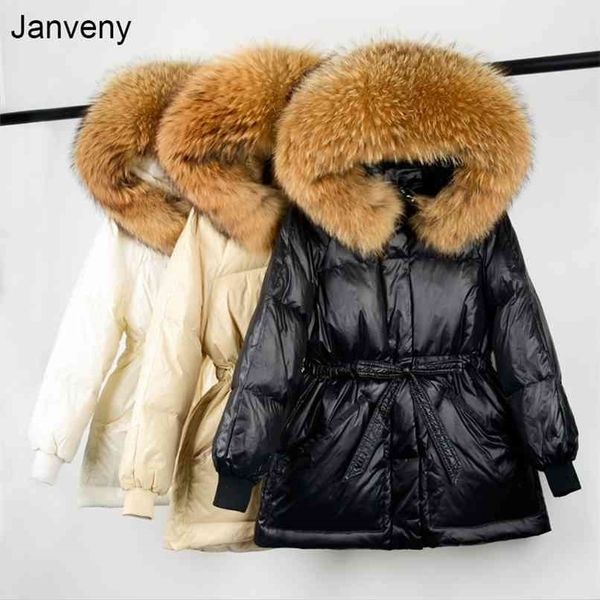 

janveny winter female parkas 90% white duck down jacket large real raccoon fur collar hooded warm women's feather coat outwear 210922, Black