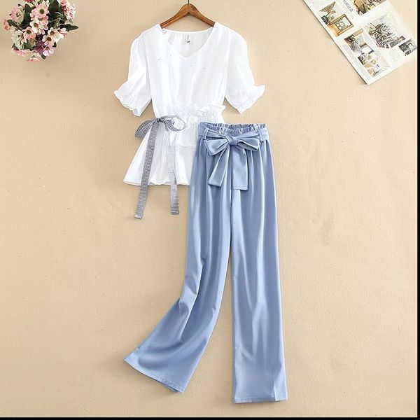 

fashion summer two piece sets women tracksuits ruched ruffles bow tie white puff sleeve shirt loose up wide leg pants, Gray