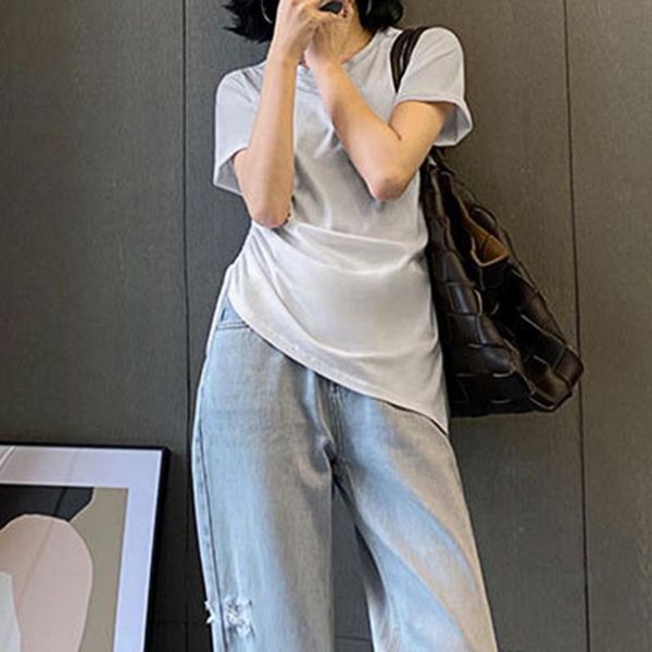 

women's t-shirt korean version of 2021 summer short-sleeved women loose drawstring short crop white clothing
