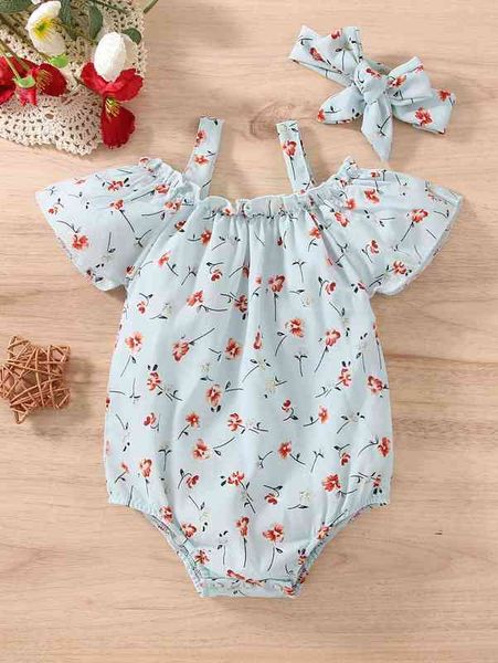 

baby girl floral cold shoulder ruffle bodysuit with headband she, Blue