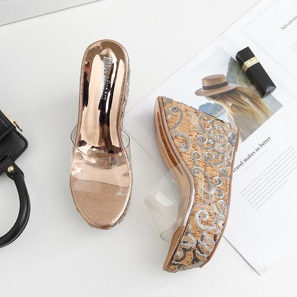 

slippers 2021 women sandals elegant summer floral slides embroidered 12cm high heels 5cm platform wedges luxury beach shoes, Black