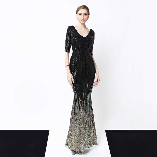 

luxury evening dress 16566# sequin long banquet slim fitting fishtail elegant celebrity annual meeting host party, Black;gray
