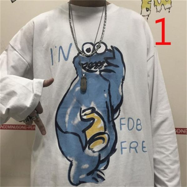 

men's t-shirts autumn korean retro cartoon print long-sleeved t-shirt shirt 8rh3, White;black