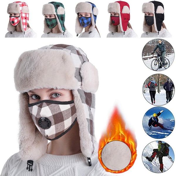 

women winter hat face cover set plush thick warm ladies female wool mouth ear protection windproof cycling caps & masks, Black