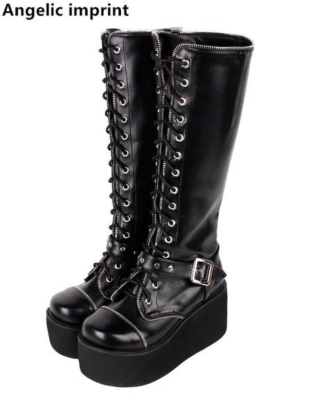 

boots angelic imprint mori girl women punk motorcycle cool lady lolita cos shoes woman high trifle heels pumps zipper 8cm 33-47, Black
