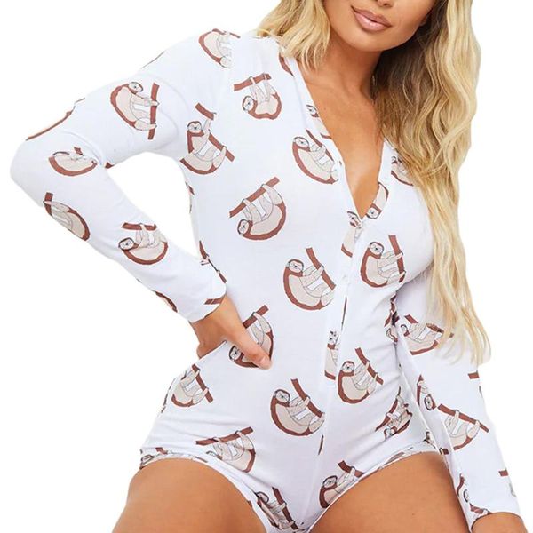 

women long sleeve jumpsuit print deep v neck autumn winter ladies girls clothing rompers leotard homewear women's jumpsuits &, Black;white