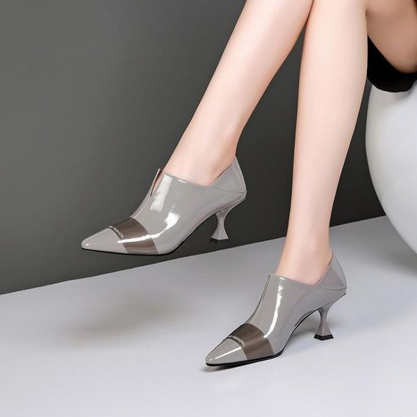 

dress shoes mljuese 2021 women pumps cow leather autumn spring pointed toe gray color slip on thin heel high heels party wedding, Black