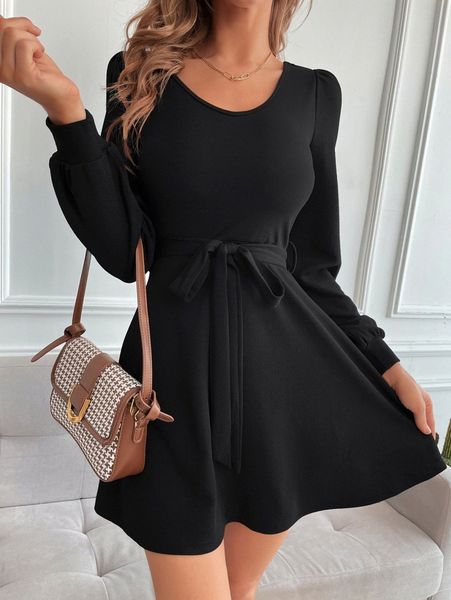 

solid bishop sleeve belted dress j1tc#, Black;gray