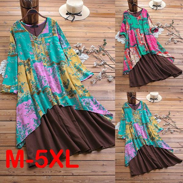 

plus size dresses spring print long skirts lady elegant boho party fashion women pleated irregular skirt streetwear