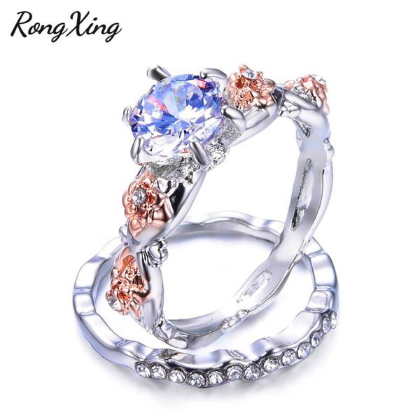 

cluster rings rongxing white/blue/purple zircon birthstone ring sets for women rose gold flower charm double couples wedding jewelry gift, Golden;silver