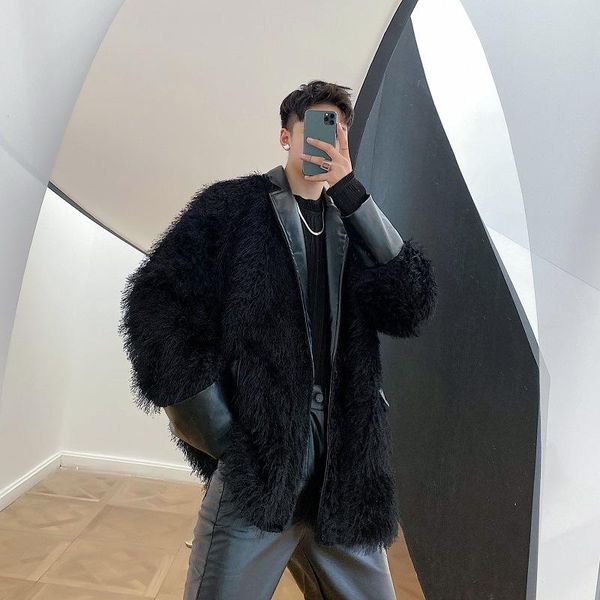 

men's wool & blends niche design fur and leather suits men's suit collars thickened plush jackets imitation coat cotton-padded, Black