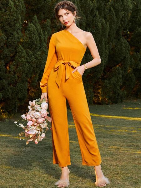 

one shoulder lantern sleeve knot front jumpsuit k2gk#, White