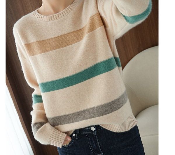 

sweater round neck striped color-block wool soft close-fitting loose pullover blouse sb3s, White;black