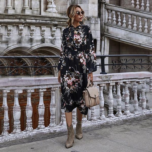 

casual dresses puff sleeve autumn winter floral dress women bow stand collar high wasit long 2021, Black;gray