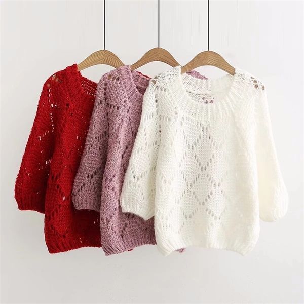 

loose hollow japanese college wind sweater women short long-sleeved thin large size solid round neck pullover jumpers female 210922, White;black