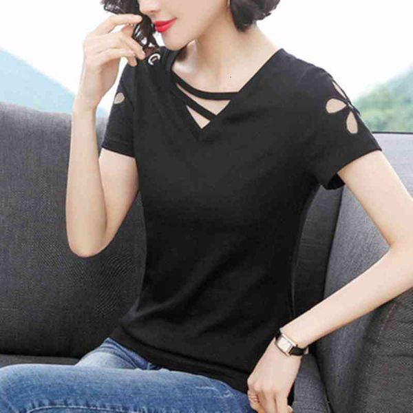 

fashion women summer short sleeve solid t-shirt stripes hollow shoulder strap womens clothing, White