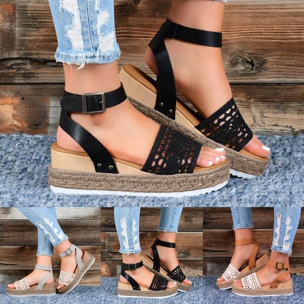 

sandals women's summer buckle strap platform wedges heel weave beach open toe breathable roman zapatos shoes #40, Black