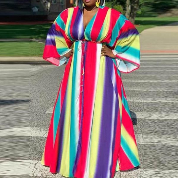 

casual dresses bohemian maxi long dress 2021 vonda women vintage sleeve printed striped beach sundress vestidos femme robe, Black;gray