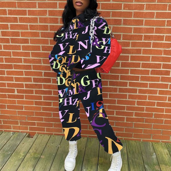 

letters print casual 2 two piece set womens sport suits hooded full sleeve sweatshirt and pant tracksuits streetwearby air, Black;white