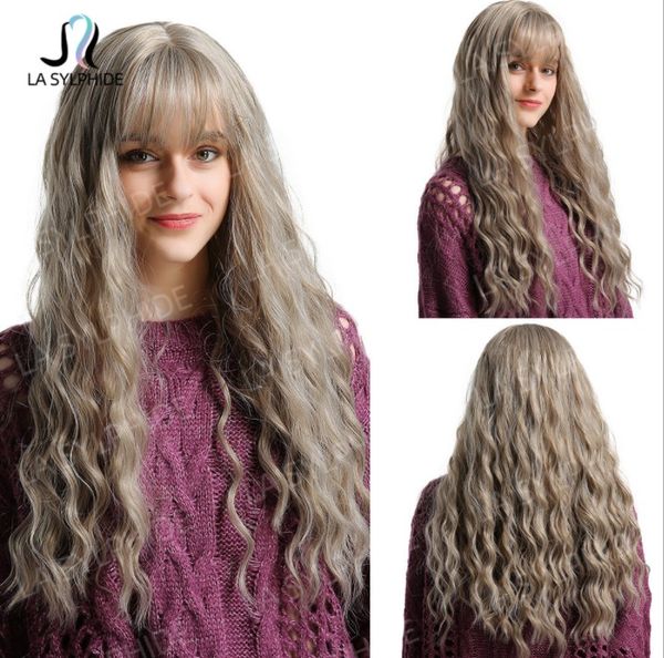

synthetic wigs long curly wave hair light grey brand air bangs, Black