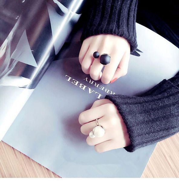 

wedding rings korean temperament black white imitation pearl knuckle for women fashion wild open jewelry femme finger ring anillo, Slivery;golden