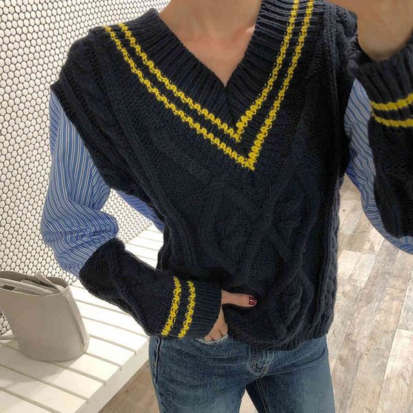 

women's sweaters tvvovvin autumn winter korean style pullovers knitted sweater v-neck casual striped female fashion f271 scnu, White;black