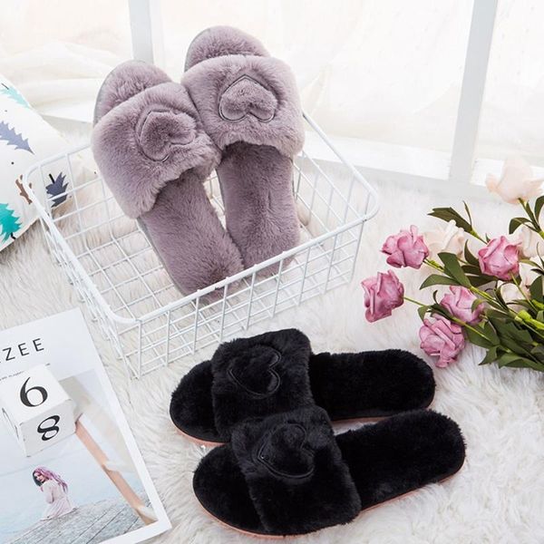 

women home indoor plush slippers flat open toe flip flops furry shoes solid soft m3ge, Black