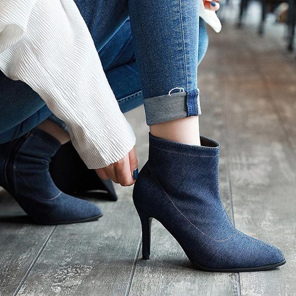 

boots 2021 demin stilettos women ankle zip up socks booties fashion luxury pointed toe high heels female dress pumps shoes, Black