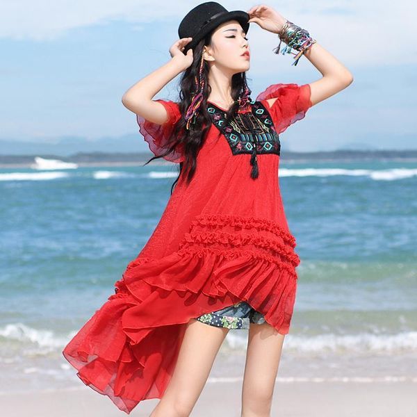 

women's blouses & shirts 2021 fashion high low summer bohemia loose embroidered strapless chiffon red boshow ruffles women blouse, White