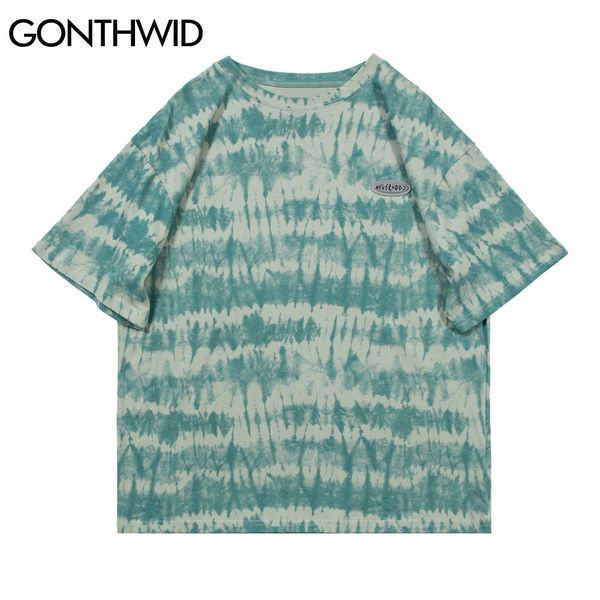 

gonthwid streetwear tshirts hip hop tie dye stripe tees shirts harajuku fashion short sleeve t-shirts casual cotton loose c0315, White;black