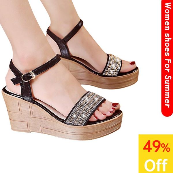 

women ladies fashion peep toe wedges platforms crystal high heels shoes flat sandals casual linen wedge platform sandalias dress, Black