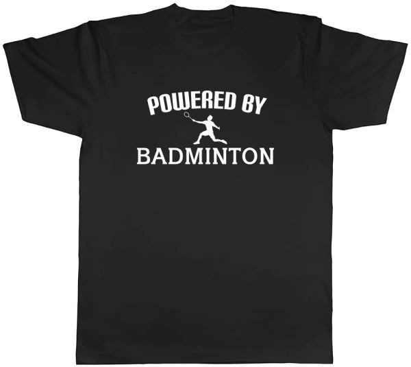 

powered by badminton mens t-shirt tee, White;black