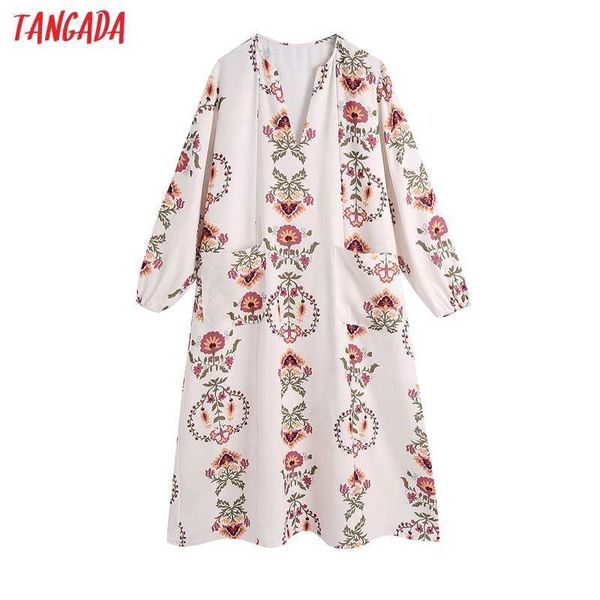 

tangada women chic fashion floral print midi dress vintage with pockets v neck long sleeve female dresses be937 210609, Black;gray