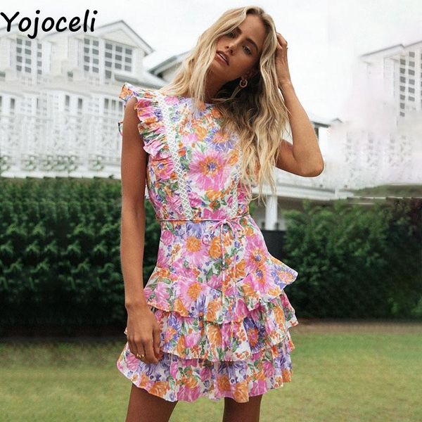 

yojoceli floral print backless ruffled dress summer hollow out lace women beach casual short mini dresses, Black;gray