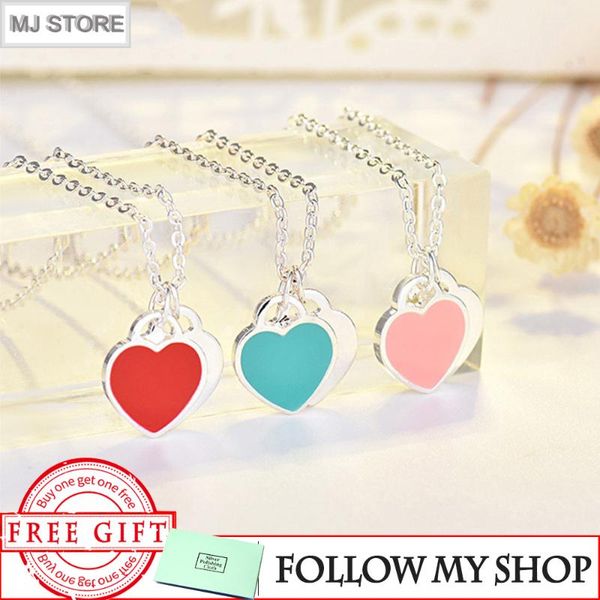 

chains ladies classic s925 sterling silver fashion blue enamel double heart necklace jewelry fine lovers gift