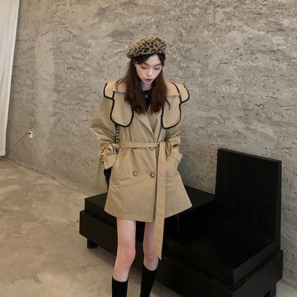 

women's trench coats japan style loose oversized coat double-breasted belted lady cloak windbreaker spring fall outerwear, Tan;black