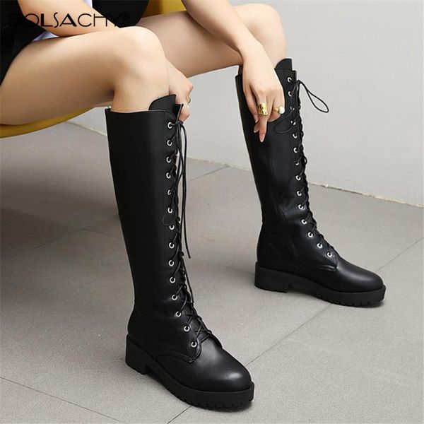

boots 2021 autumn winter lacing knee high women fashion black square heel ladies pu leather zip shoes large size 33-43