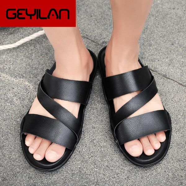 

slippers soft pu leather men men's shoes fashion beach casual sneakers for man foundation summer slipper, Black
