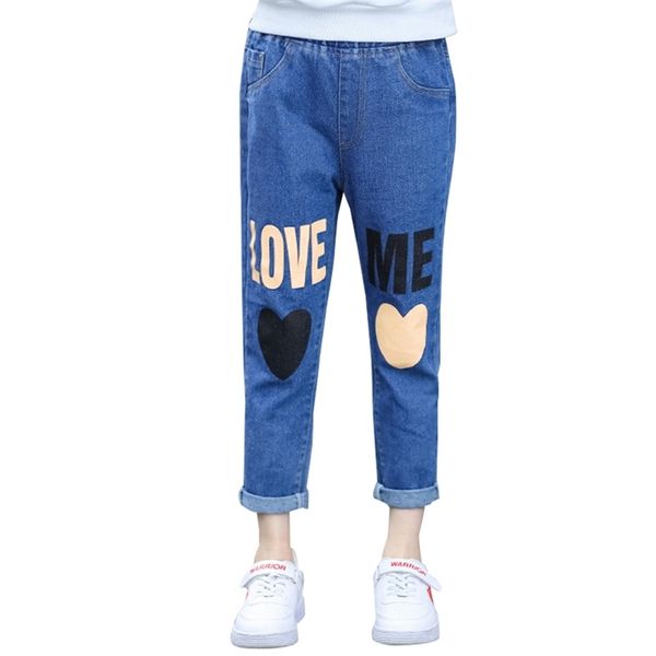 

spring jeans girl heart print kids for girls elastic waist pants autumn casual clothes 6 8 10 12 14 210527, Blue