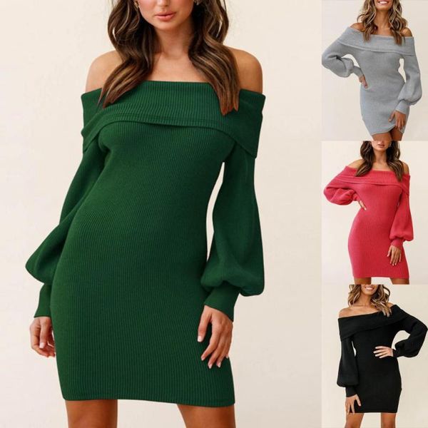 

casual dresses autumn slim dress women solid off shoulder knitted temperament bodycon mini party vestidos, Black;gray