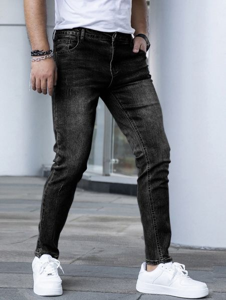 

men slant pocket frayed washed jeans c21r#, Blue
