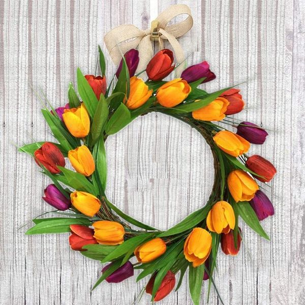 

15 inch artificial tulip wreath flower wreaths for front door home decor for window wall party wedding hanging decor