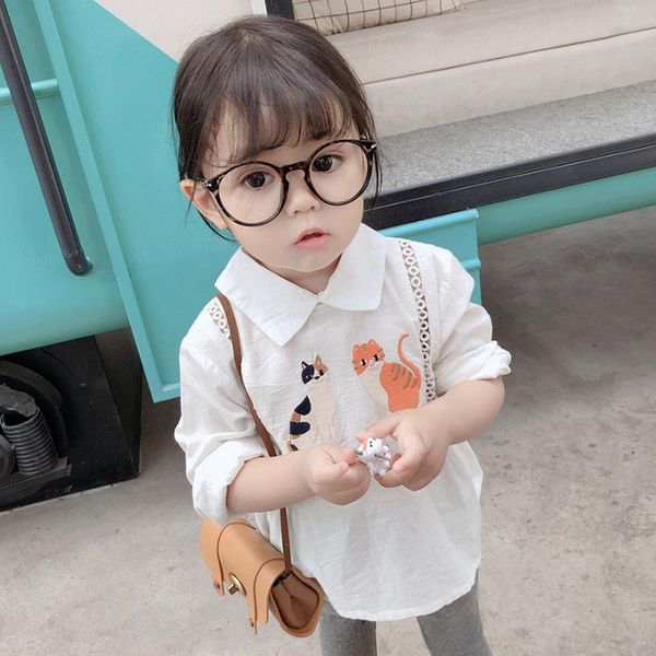 

shirts spring summer cat embroidery long sleeve blouses for girls cotton turn-down collar doll clothing, White;black