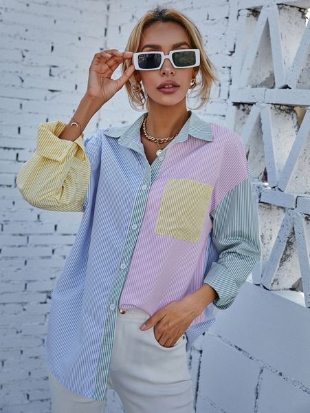 

striped print colorblock drop shoulder blouse w1my#, White