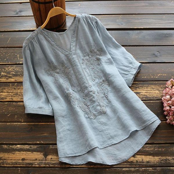 

women's blouses & shirts vintage summer embroidery blouse 2021 solid tunic casual short sleeve female v-neck pullover shirt women, White