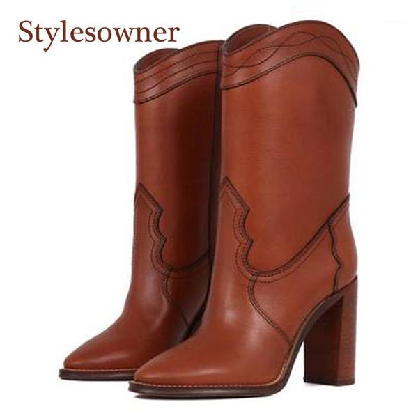 

boots retro thick-heel mid-tube western for woman fashionable all-match pointed-toe black brown autumn winter shoes1