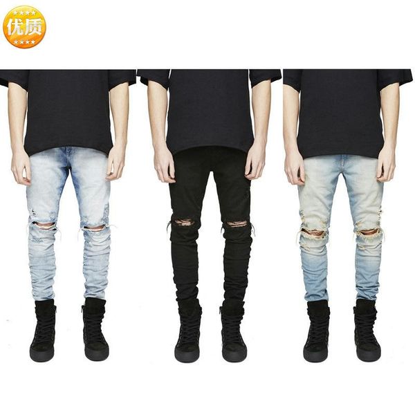 

men's jeans knee zipper fashion korean wash slim fit small foot casual pants, Blue
