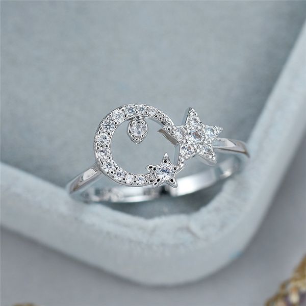 

dainty female moon star crystal ring charm moon star thin wedding rings for women trendy zircon silver color engagement ring, Slivery;golden