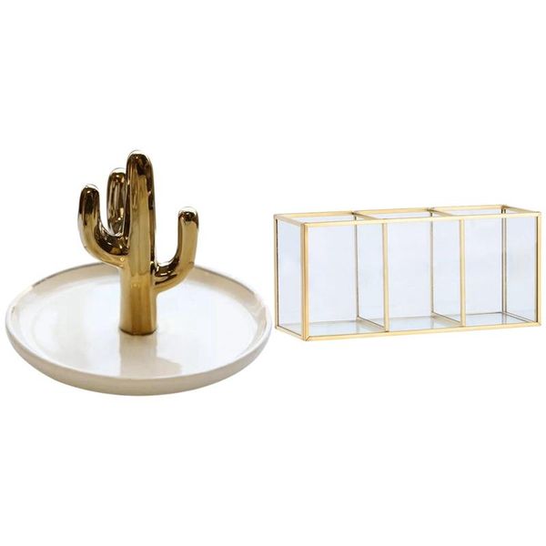 

storage boxes & bins 1 pcs cactus shaped jewelry display trays stand dish holder gold grid glass flip tank box