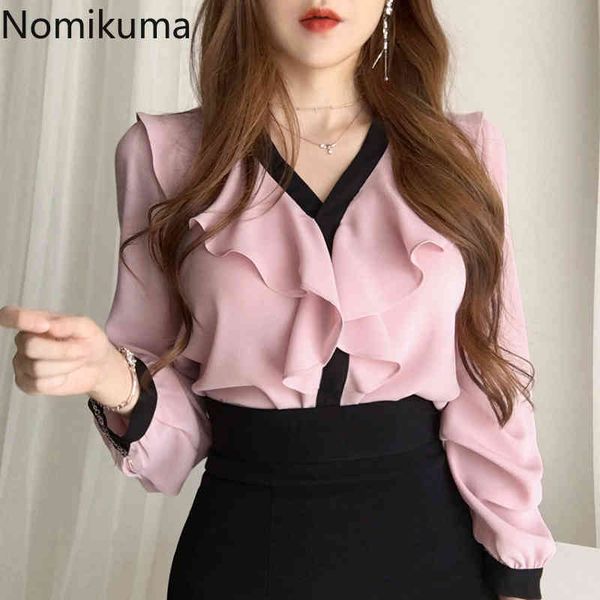 

nomikuma spring korean chic blouse causal ruffle patchwork v-neck long sleeve shirt new chiffon elegant blusas 6f662 210427, White